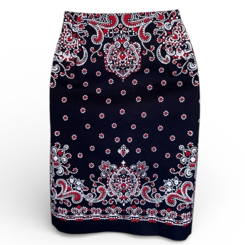 Talbots Petites skirt, women's 2P, navy with red & white paisley borders. EUC
